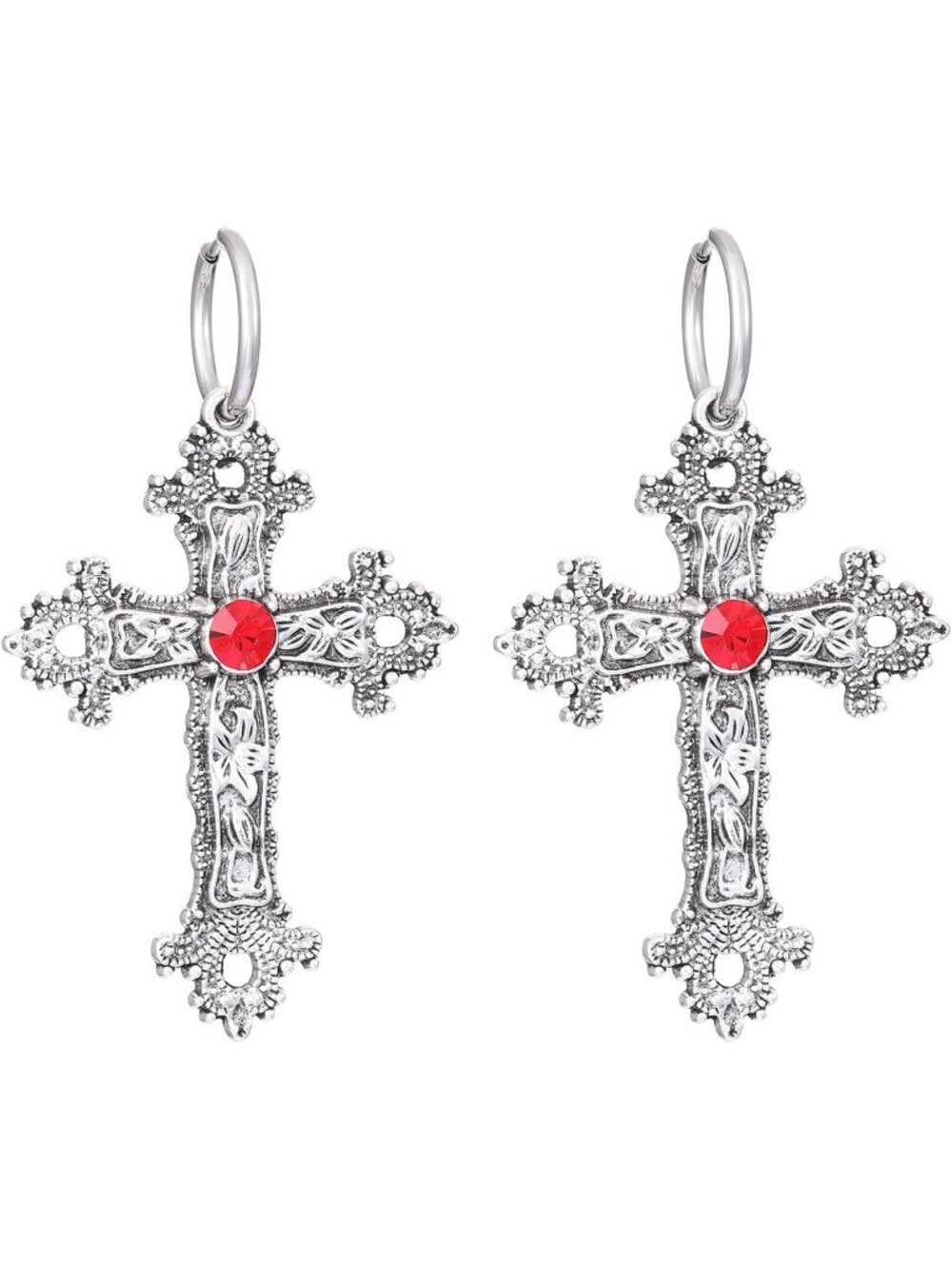 Women's Red Vintage Cross Drop Dangle Crystal Hoop Goth Punk Halloween Earrings